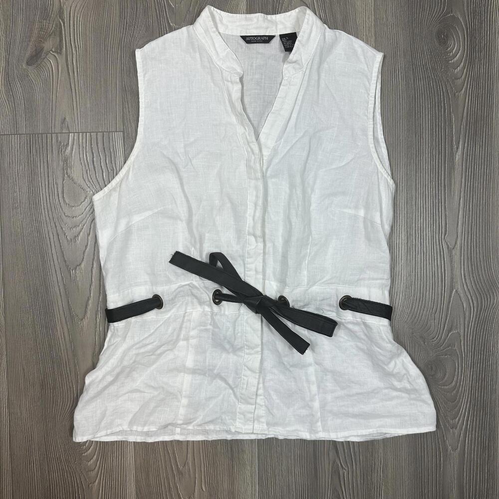 Autograph‎ Women's Sleeveless Linen Button-Up Top with Black Leather Tie